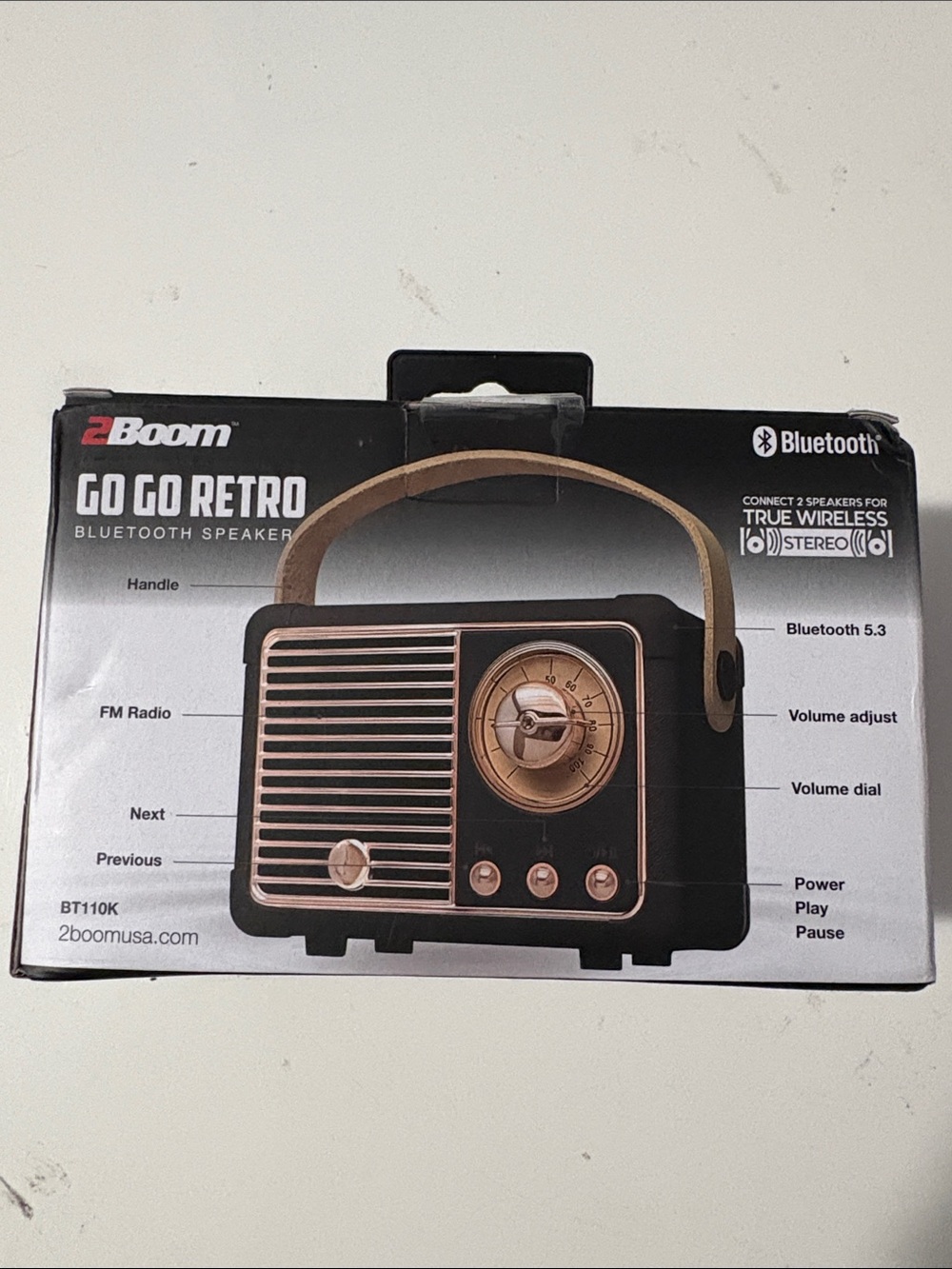 2Boom GO GO RETRO Portable Bluetooth Speaker in Black with Gold Accents